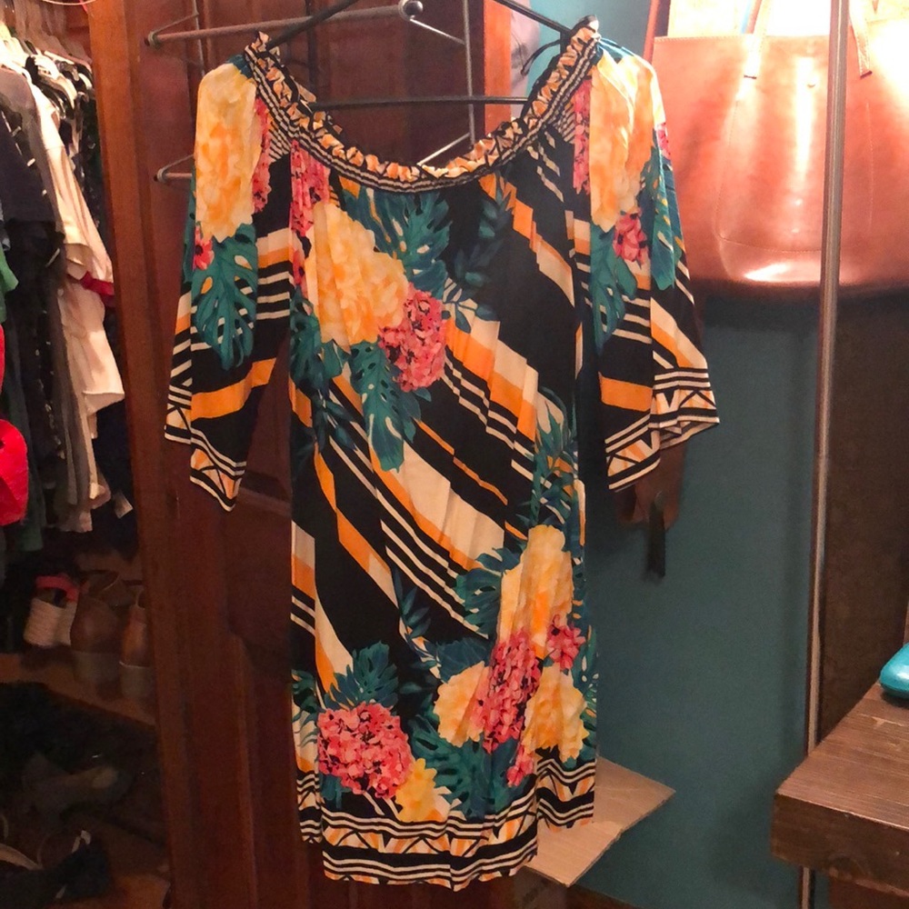 Off the shoulder long sleeve multi-color dress